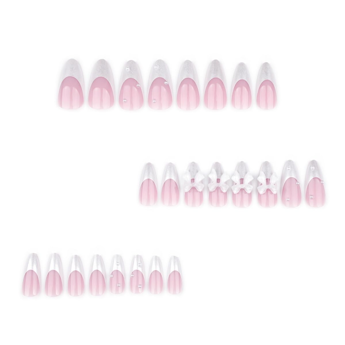 White French Tip Press on Nails Medium Almond Reusable Fake Nails with Glue Pearl Bow Rhinestones Stick on Nails Pink Glossy False Nails for Women DIY Manicure Decoration, 24PCS