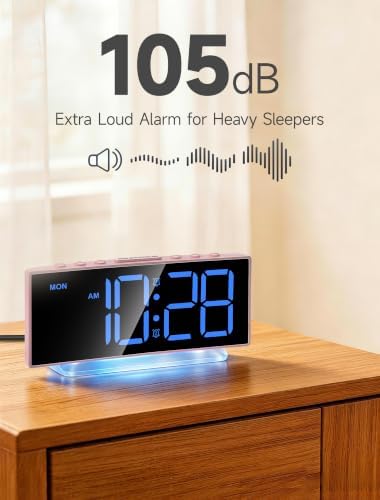 Cadmos Modern Curved Cute Digital Alarm Clock,Colorful Led Display,Adjustable Volume,Weekday/Weekend Mode,Simple Clock for Bedrooms Bedside,Ok to Wake Up for Girls,Kids,Teens (Pink+Dynamic)