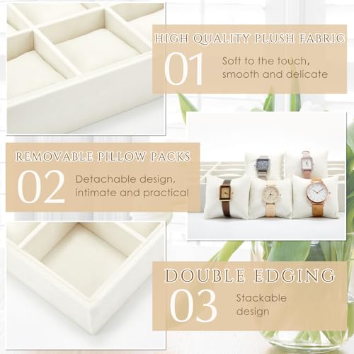 Henoyso 2 Pieces 24 Grid Velvet Watch Tray Jewelry Organizer Stackable Watch Bracelet Bangle Display Holder Adjustable Pillow(Beige) - color: Beige, size: 24 Grid