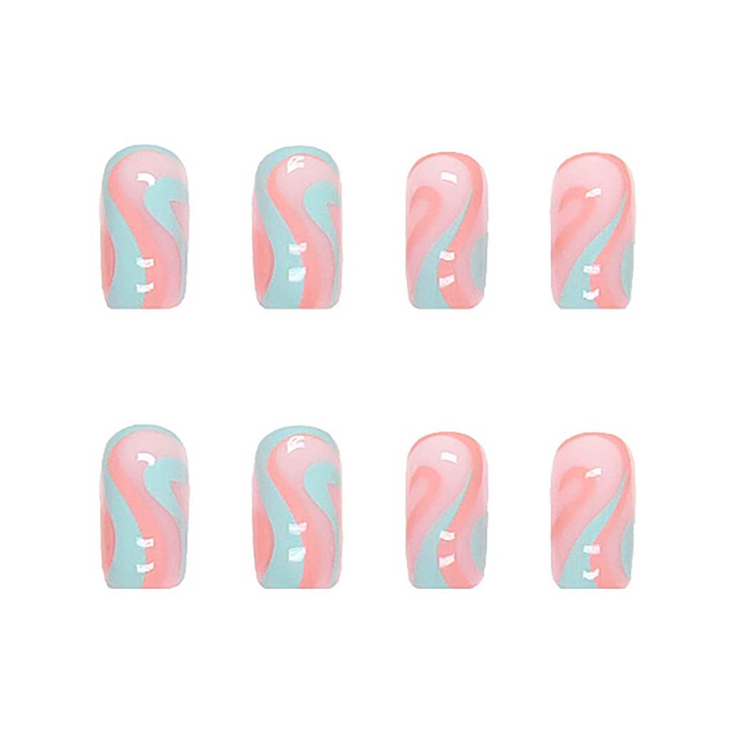RikView French Tip Press on Nails Medium Fake Nails Blue Nails for Women with Swirls Design Square Acrylic Nails