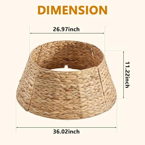 Sweetcrispy 36-inch Christmas Tree Collar for 8-11ft Trees, Woven Hyacinth Rattan 4-Panel Collar w/Cord Access Hole & Easy Lock Design, Handwoven, Natural