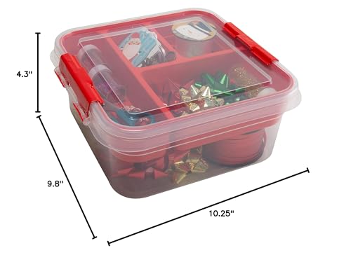 Simplify 5 Compartment Gift Supply Storage Box | 2 Tier Box | Red | Clear Top Lid | Dimensions: 9.5"x 9.5"x 4.5" | Snap Handle| Storage | Wrapping Accessories