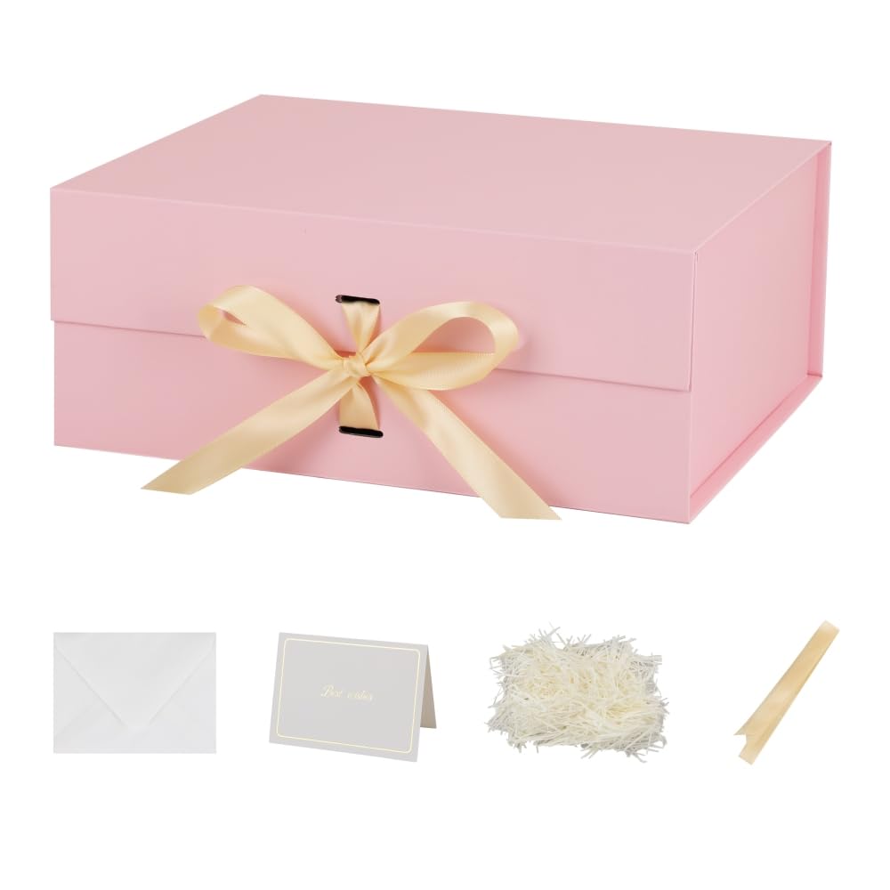 BoxSkivra Large Gift Boxes with Lids 5 Pack 13X11X5.3 Inch Large Pink Gift Box with Ribbon Foldable Gift Boxes for Presents、Graduation、Birthdays、Valentine's day、Shredded Paper for Gift Box with Cards
