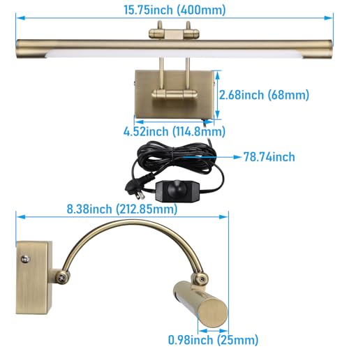 LEONLITE 3CCT Dimmable LED Picture Light, 2700K/3000K/4000K Selectable, CRI90 Swivel Full Metal Picture Frame Light for Wall Art, Painting, Artwork, Portrait, Plug-in & Hardwired, Antique Brass - color: Antique Brass-CCT