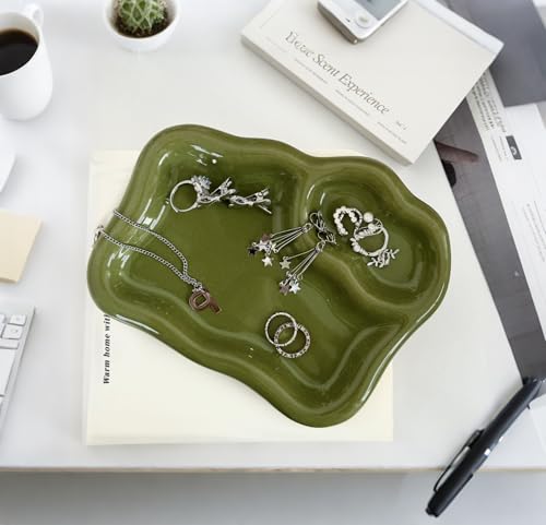 Green Ceramic Jewelry Tray Dish Large-sized Display Organizer Trinket Watch Keys, Dressing Table Decor Aesthetic Dish Holder for Mother's Day/Christmas/Thanksgiving/Birthday Gift
