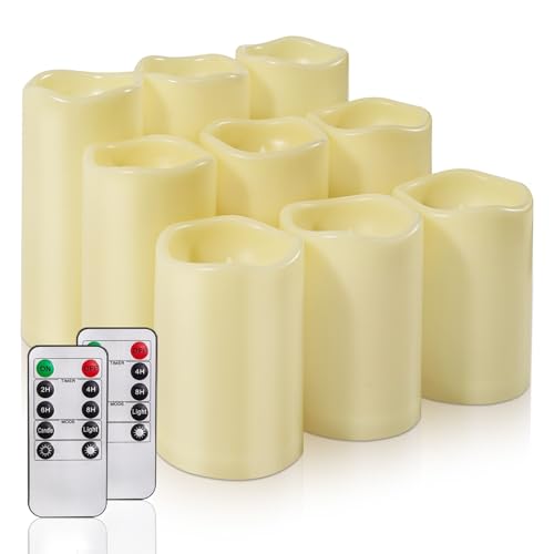 Homemory 9 Pack Flameless Candles, Outdoor Waterproof, Battery Operated LED Pillar Candles with Remote Control and Timer, Plastic, Long Lasting - size: Set of 9
