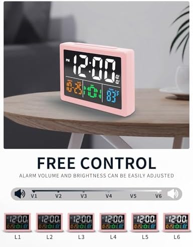 JALL Digital Clock with Date Day for Seniors, Electric Alarm Clocks for Bedrooms with Temperature, 2 Alarms, Dimmer, Dual USB Charger, Battery Backup, Volume Control, Snooze, Bedside Desk Clock, Pink