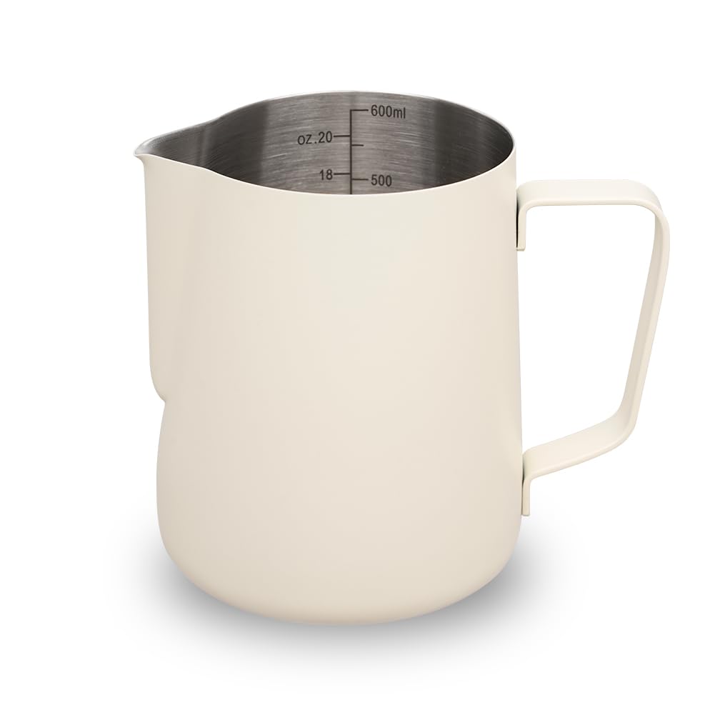 watchget Milk Frothing Pitcher 20oz/600ml - Stainless Steel Espresso Steaming Pitcher for Cappuccino & Latte Art, Creamy White