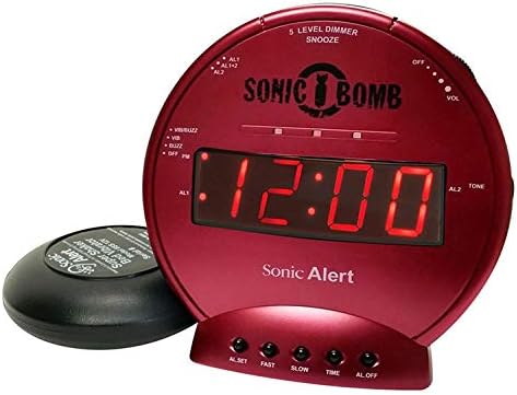 Sonic Alert Sonic Bomb Dual Alarm Clock with Bed Shaker, Red Vibrating Alarm Clock Heavy Sleepers, Battery Backup | Wake with a Shake