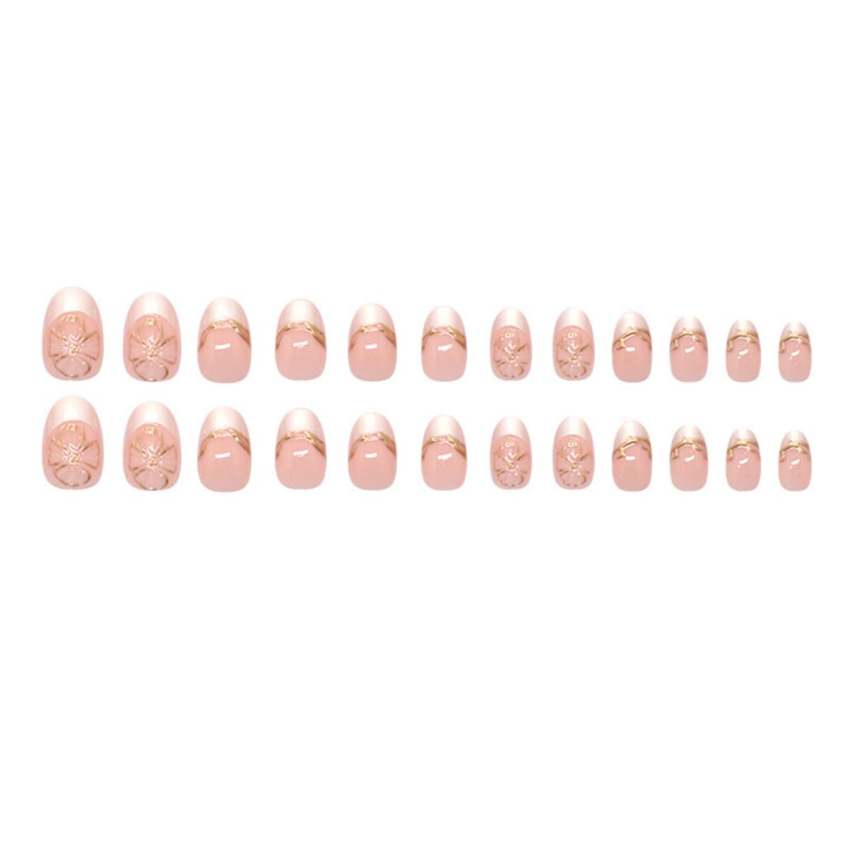 Silver French Tip Press on Nails Short Almond, Gold Flower Line Fake Nails with Glue, Pink Stick on Nails Full Cover Glossy False Nails for Women DIY Manicure Decoration, 24PCS