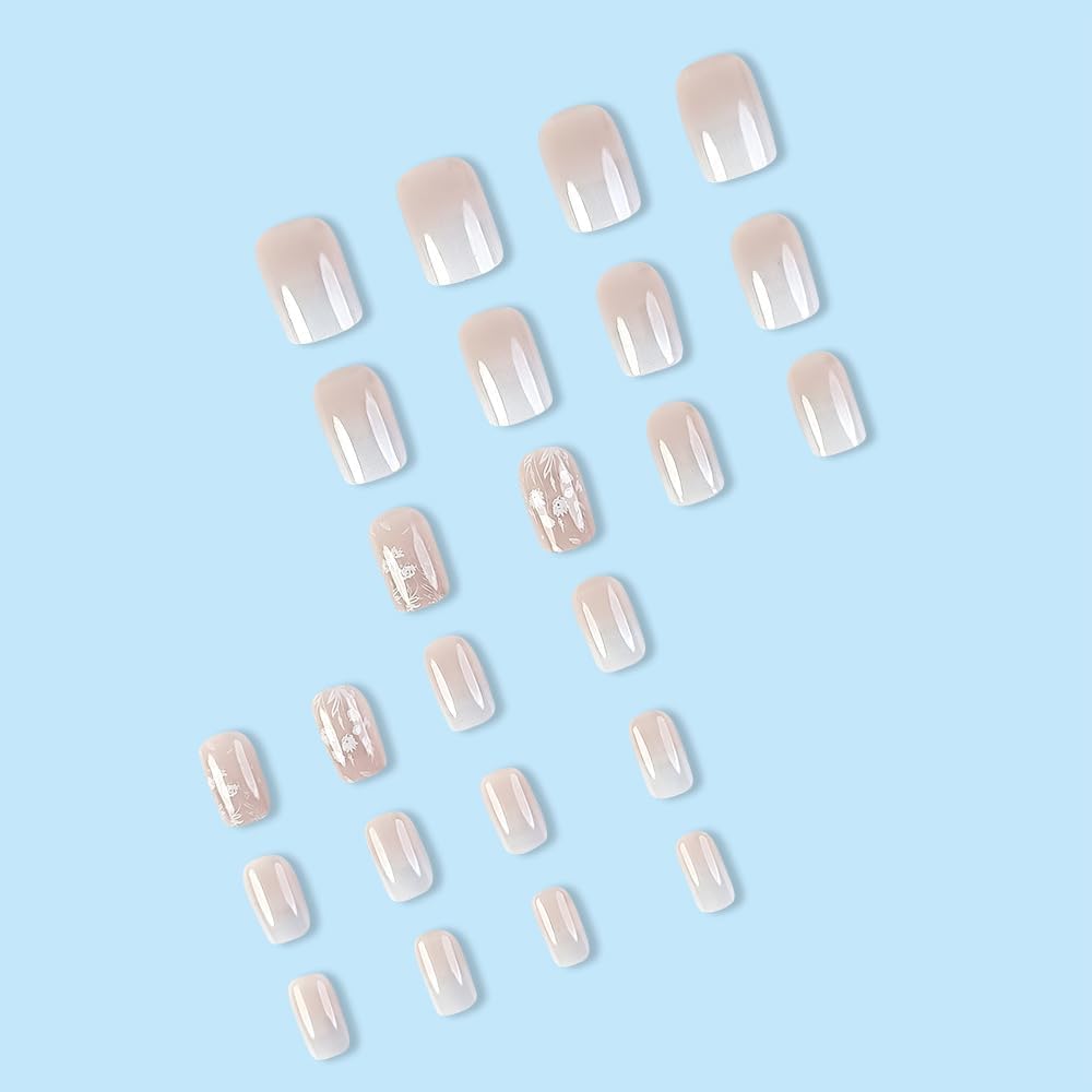 White Gradient Press-On Nails Short Square False Nails with Flower and Leaf Design Glossy Nude Gradient Nail Art Stickers for Women Girls DIY Nail Art Decoration 24 Pieces