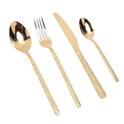 Fabater Gold Flatware Set, 24 Piece 18/10 Stainless Steel Silverware Set, Cutlery Utensil with Includes 6 Dinner Knives Forks Spoons for Restaurant Wedding Party Home Use (Stone Pattern Gold)