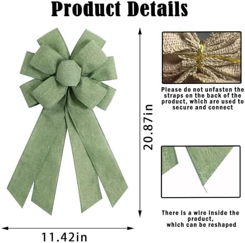 Sage Green Burlap Wreath Bow 20 x 11 Inches Birthday Bows Baby Shower Farmhouse Ribbon Bow Tree Ornament for Home Front Door Decorations