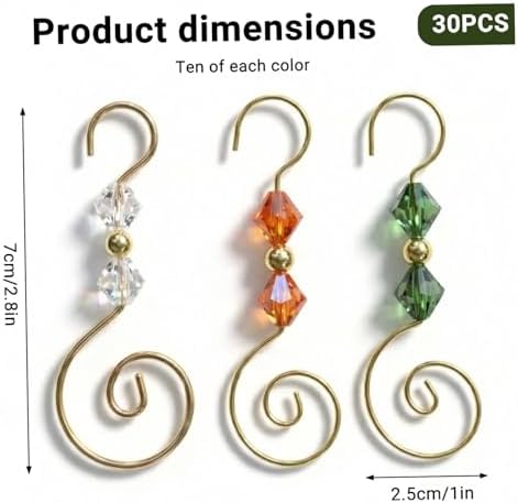 30PCS Ornament Hangers with Gold S Hooks Crystal Beads, Reusable Decorative Ornament Hangers Hooks for Holiday Decor