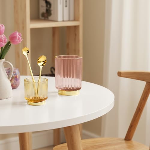 Makeup Brush holder Organizer, Crystal Glass Toothbrush Holders, Striped Make Up Brush Holder for Vanity, Pen Holder for Desk, Vase -Pink (S+L) - color: Pink