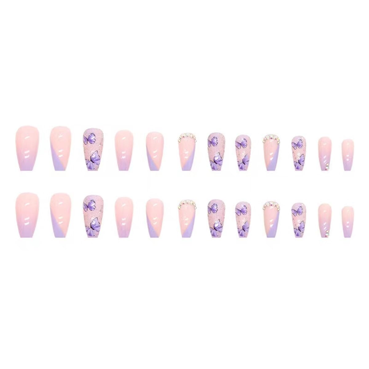 Medium Press on Nails Coffin - Purple Fake Nails with Butterfly Design - Rhinestone, Ombre Full Cover Stick on False Nails -for Women 24 Pcs