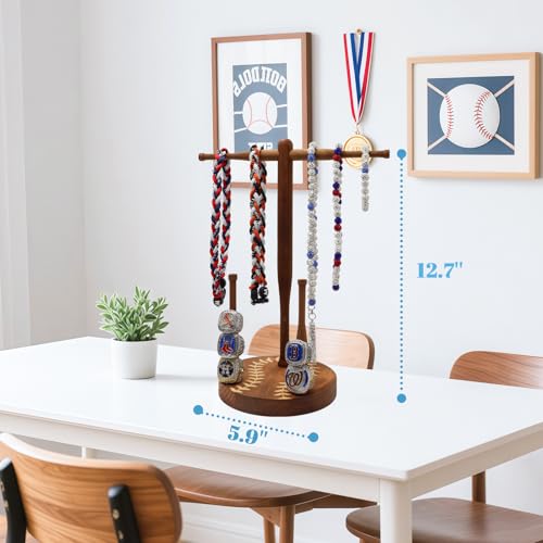 rain bunny Wooden Baseball or Softball Drip Necklace Organizer Holder, Championship Ring Display Holder, Softball Ring Holder, Drip Necklace Baseball Display Gift (Walnut Round Base) - color: Walnu Round Base