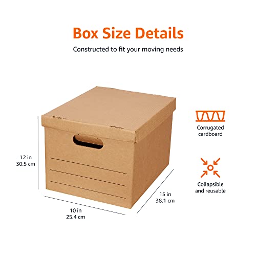 Amazon Basics Moving and Storage Boxes with Handles and Lift-Off Lids, File Storage, Collapsible, 15x10x12 in, Brown, 20-Pack