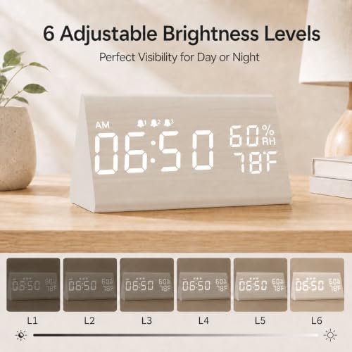 JALL Wooden Digital Alarm Clock for Bedrooms and Office, 3 Alarms with Big Digits, Humidity and Temperature Display, 6-Level Dimmer, Snooze, Loud Desk Clock for Heavy Sleepers, Plug in (White)