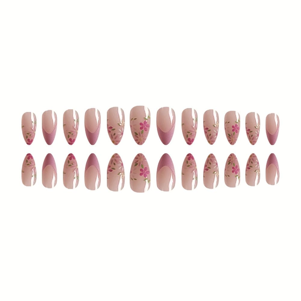 Pink French tips Press on Nails Medium Almond Fake Nails with Design Pink Flower Glue on Nails Glossy Daisy Fall Nails Reusable Summer False Nails for Women Girls Manicure 24pcs