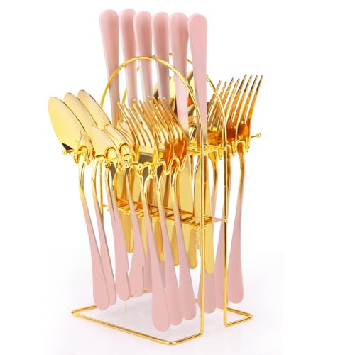 24 Pieces Flatware Set, Stainless Steel Cutlery Set with Silverware Holder, Modern Gold Silverware Set Includes Dinner Knives Forks Spoons,Hanging Silverware Set Service for 6 (Pink) - color: Pink