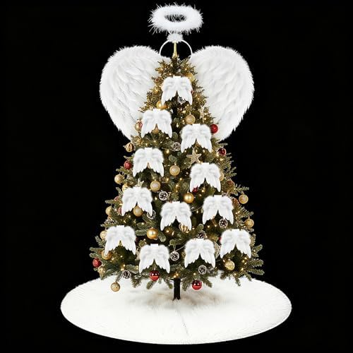 Janinka 15 Pcs Angel Feather Wing Christmas Tree Decors, 2 Feather Wings Topper with Aureole Headband, 1 White Plush Xmas Tree Skirt, 12 Wings Christmas Ornaments for Home Wedding Decor