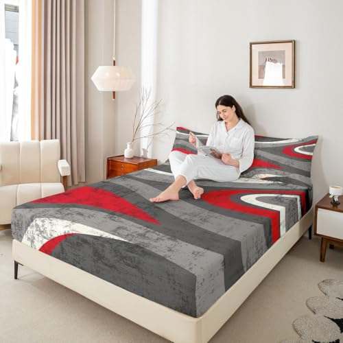 Red and Gray Bed Sheet Set Modern Abstract Art Fitted Sheet for Kids Boys Girls Teens Retro Circle Bedding Set Swirl Bed Cover 2Pcs with 1 Pillow Case Twin Size - color: Multi Aa04, size: Twin