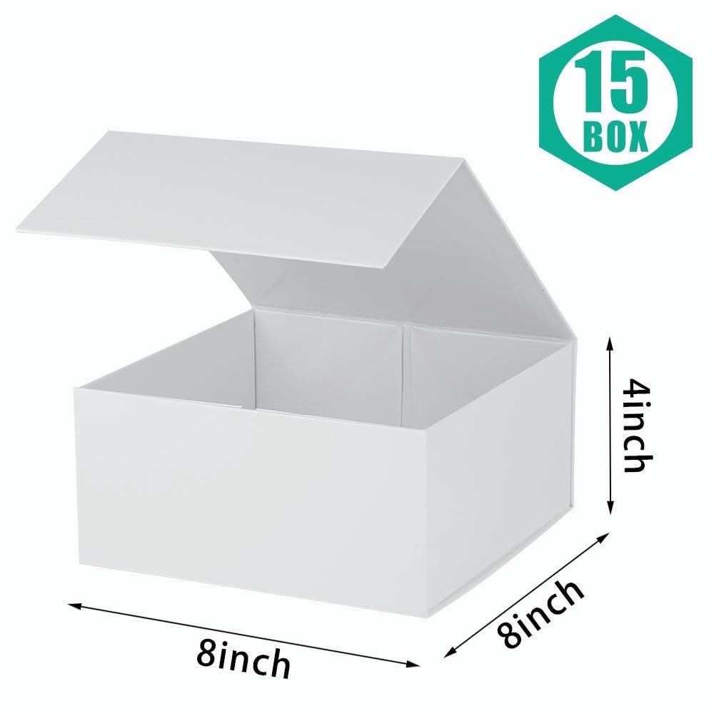 PLINJOY Magnetic Gift Box 15 Pack White Small Gift Box with Lids Closure in Bulk, Luxury Cardboard Gift Boxes for Presents,Bridesmaid Proposal,Packaging for Small Business,Parties,Bulk 8x8x4
