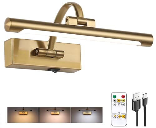 Tassuowell Rechargeable Picture Light with Remote Control,12 Inch Brass Finish Adjustable Wireless Art Lighting Fixture,Painting Lights with Timer,3 Color Temperature and Dimmable - color: Brass, size: 12inch