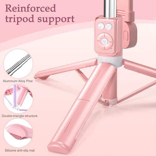 Selfie Stick Tripod with Fill Light, Phone Selfie Stick,Durable Stainless Steel Design,Bluetooth Remote Control,and Stable Three-Legged Support for Live Broadcasts,Video Shooting (Pink) - color: Pink