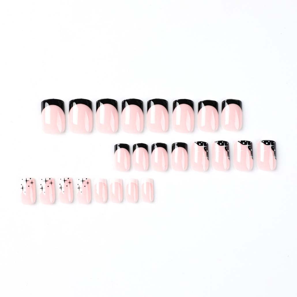 Foccna French Tip Black Press on Nails Medium White Fake Nails Square Glossy False Nail Tips Artificial Finger Manicure for Women and Girls 24pcs
