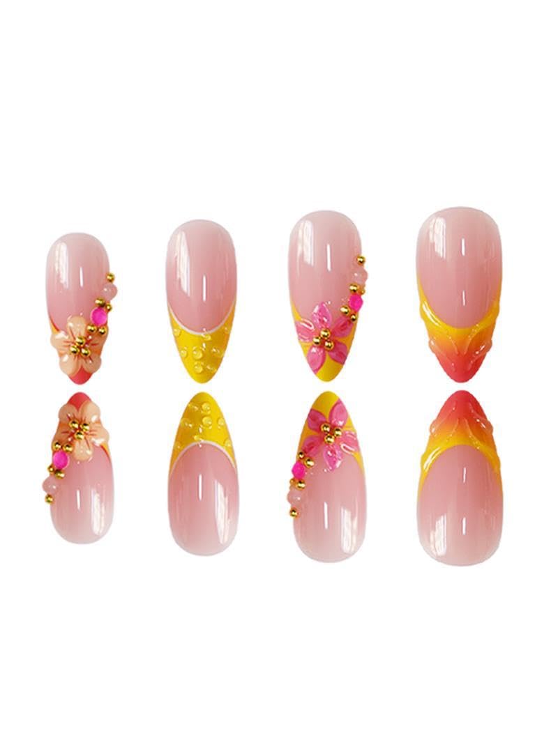 plalely Long Press on Nails Almond,Pink and Yellow Acrylic Press on Nails with Flower Designs, Long Almond Nail Tips for Women 24pcs