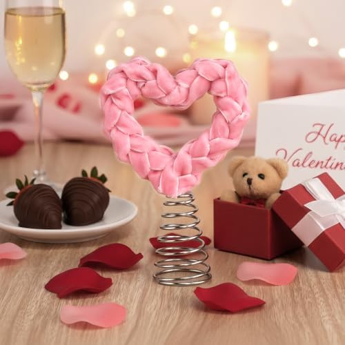 Gejoy 5.5 Inch Mini Woven Velvet Valentine Day Tree Topper Velvet Pink Hearts Tree Topper for Mini Trees Heart Decorations for Valentines Day Party Holiday Ornament Home Decoration