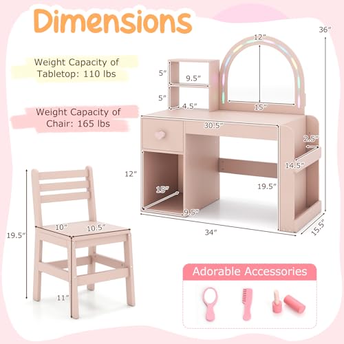 Costzon Kids Vanity, Girls Vanity Set with Lighted Mirror, Bookshelf, Drawer, Storage Cabinet & Shelves, Toddler Makeup Vanity Desk Dressing Table, Wooden Kids Vanity Table and Chair Set (Pink) - style: Pink with Bookshelf