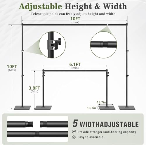 Backdrop Stand 10x10 ft Adjustable Photo Backdrop Stand Kit, Heavy Duty Pipe and Drape Photography Background Support with Flat Metal Base for Wedding, Party, Video Studio, Birthday, Black