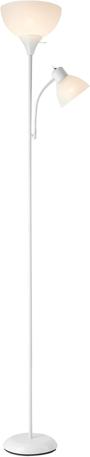 GLOBE Electric 67136 72" Torchiere Floor Lamp with Adjustable Reading Light, Matte White Finish, Frosted Shades, Rotary Switch on Socket, E26 Base