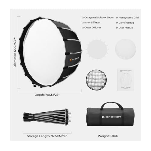 K&F CONCEPT 47“/120cm Softbox Parabolic Hexadecagon Compatible with Bowens Mount, with Honeycomb Grid, Light Diffusers, Carrying Bag, for Photography Studio Speedlite Flash and Monolight