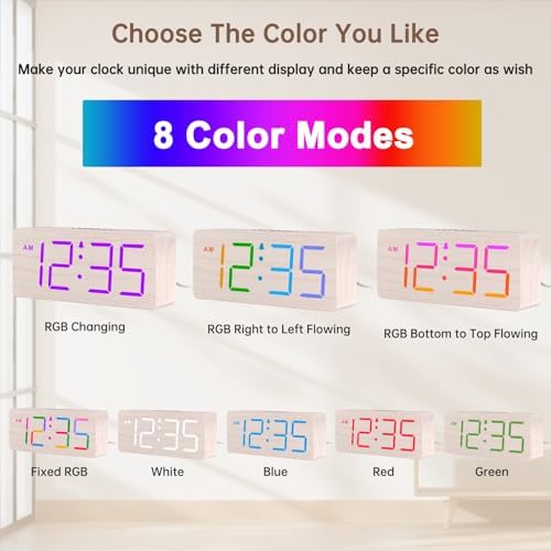 DreamSky Wooden Digital Alarm Clock for Bedroom, Living Room Desk | RGB Loud Alarm Clock for Heavy Sleepers with Volume Control, Large Numbers with Dimmer, Office Wood Decor (Plug in Clock)