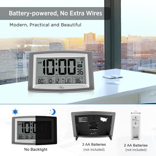 WallarGe Atomic Clock with Outdoor and Indoor Temperature - 12.5 Inch Self-Setting Digital Clock Large Display, Battery Operated Wall Clocks or Desk Clocks for Bedroom, Livingroom, Office (Pack of 2)