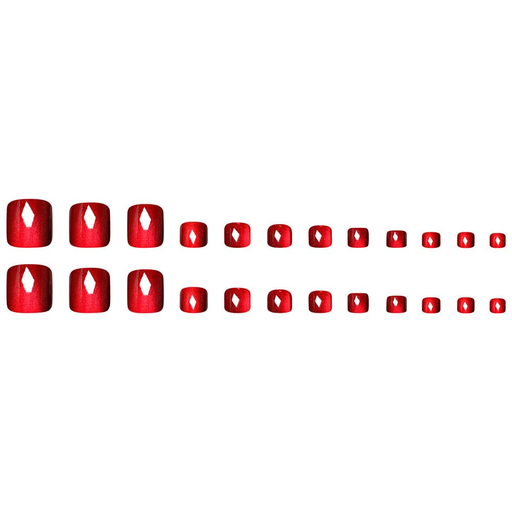 Wine Red Press on Toenails Cat Eye Fake Toe Nails Short Square Acrylic Toenails Glossy Red False Nails Shiny Glitter Artificial Nails for Women Decoration 24Pcs
