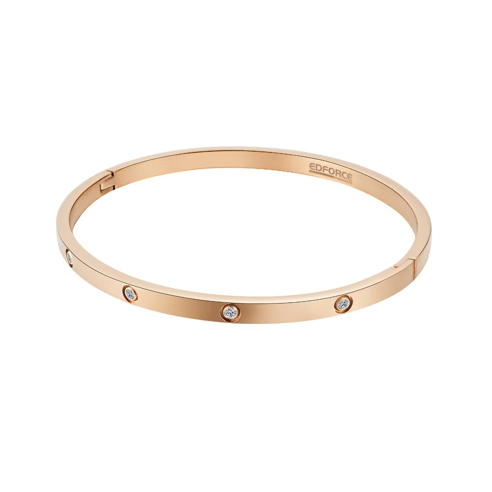 Edforce Stainless Steel 4mm Width Thin Love CZ Bangle Bracelet for Women (Rose Gold)