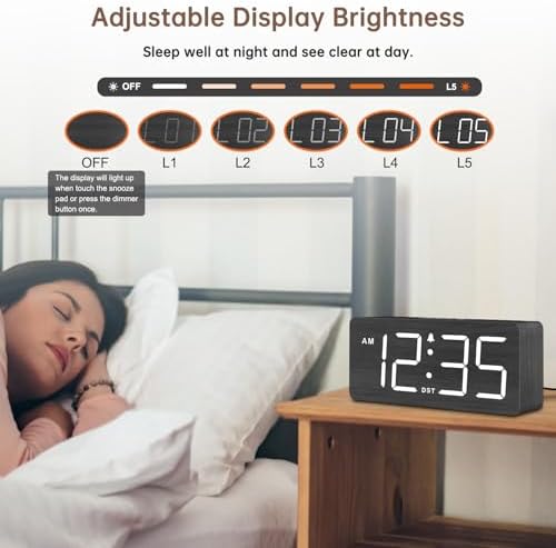 DreamSky Wooden Digital Alarm Clock for Bedroom with Large Numbers | Desk Clock for Living Room Office, Loud Alarm for Heavy Sleepers Adults, Volume Control, Dimmer, DST, Wood Decor (Plug-in)