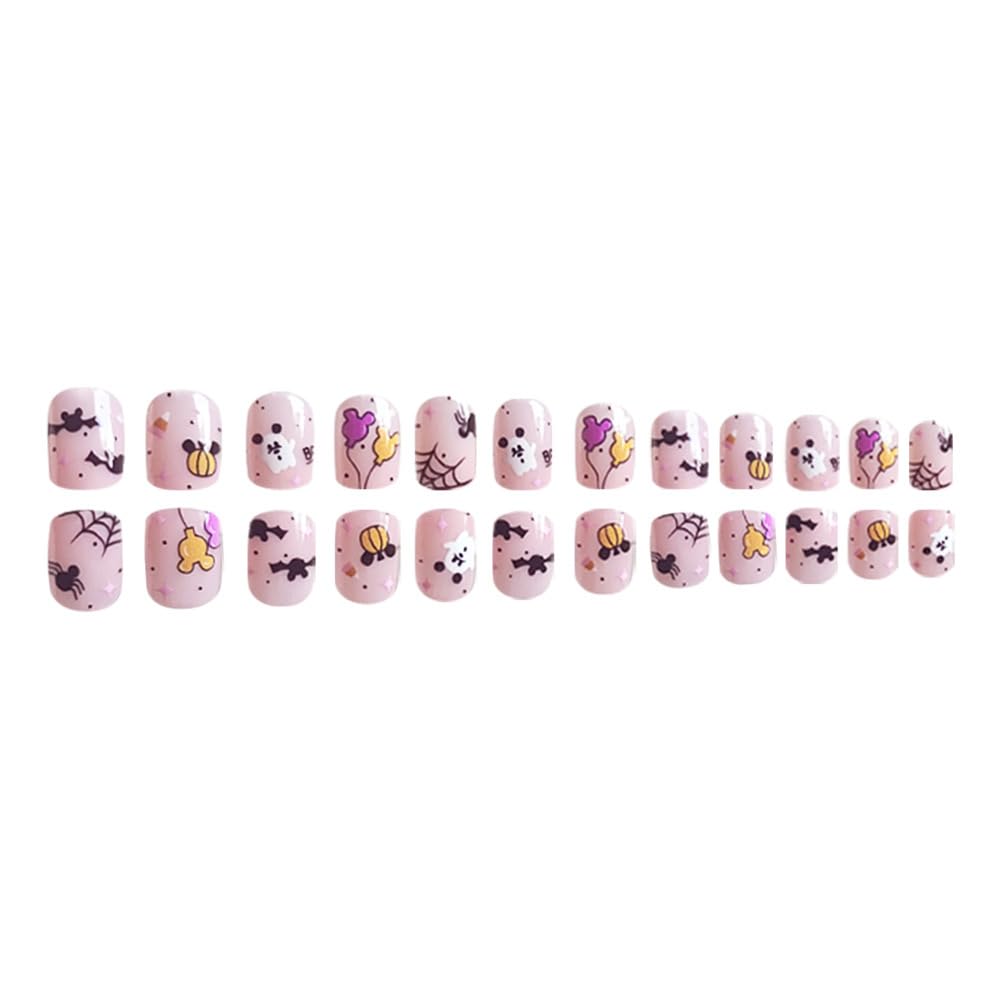 Halloween Press on Nails Short Round Fake Nails Cute Pink Acrylic Nails with Designs Ghost Spider Web False Nails Press ons Oval Glossy Glue on Nail for Women Girls 24Pcs