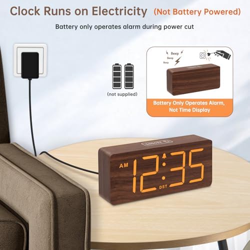 DreamSky Wooden Digital Alarm Clock for Bedroom with Large Numbers | Desk Clock for Living Room Office, Loud Alarm for Heavy Sleepers Adults, Volume Control, Dimmer, DST, Wood Decor (Plug-in)