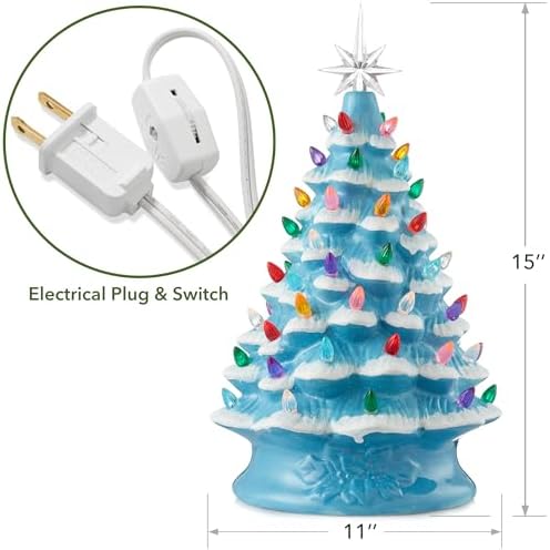 Casafield Hand Painted Ceramic Christmas Tree, Blue Snow Flocked 15-Inch Pre-Lit Tree with 128 Multi Color Lights and 2 Star Toppers
