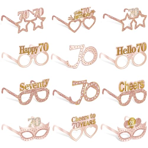 Guiruiy 24PCS 70th Birthday Paper Eyeglasses Decorations for Women, Pink Rose Gold Happy 70th Birthday Eyeglasses Party Supplies, Funny Seventy Year Old Birthday Glasses Decor - style: Rose Gold 70th