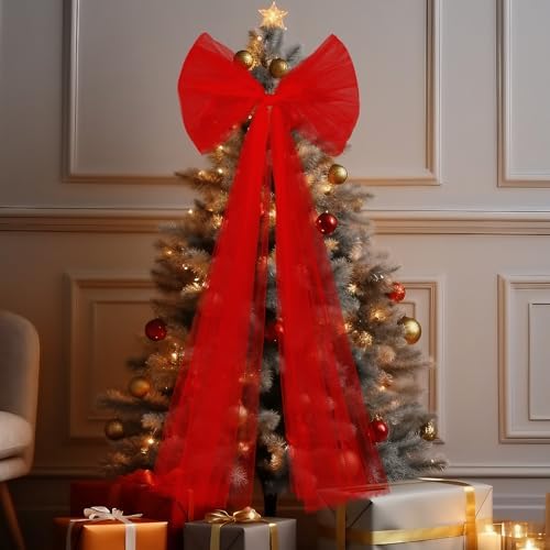 Soulchen 49 Inch Christmas Tree Topper Bow Large Tulle Ribbon,Red