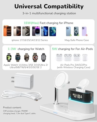 5 in 1 Mag-Safe Wireless Charger with Alarm Clock Night Light for Apple