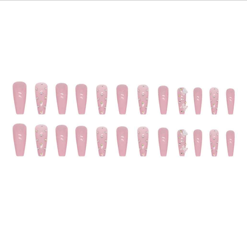 Foccna Coffin Press on Nails Long, Pink Fake Nails Acrylic Crystal False Nails,Artificial Nails for Women and Girls,24 pcs