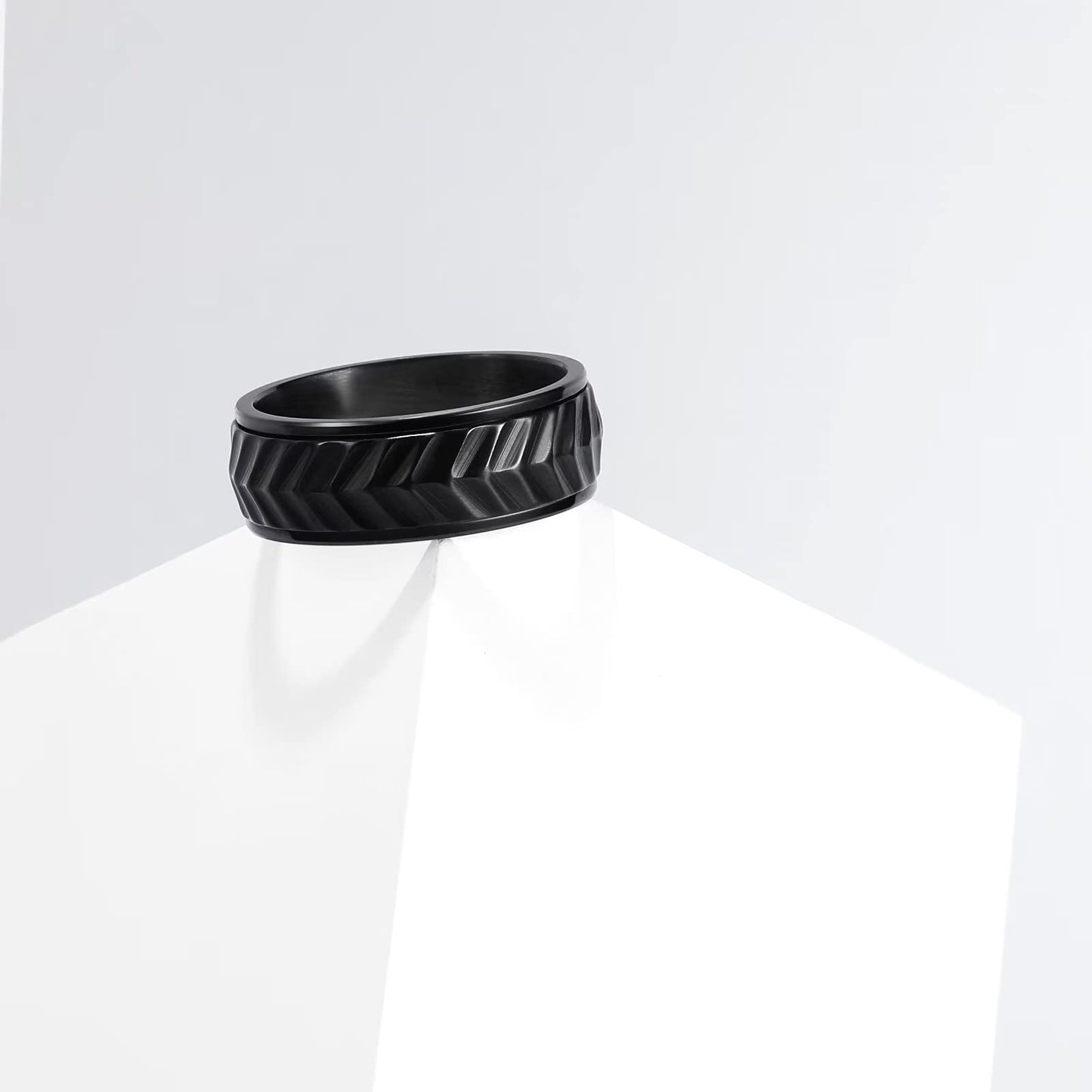 King Will Mens Black 8mm Spinner Rings Tire Stripe Groove Stainless Steel Anxiety Fidget Ring for Men 8